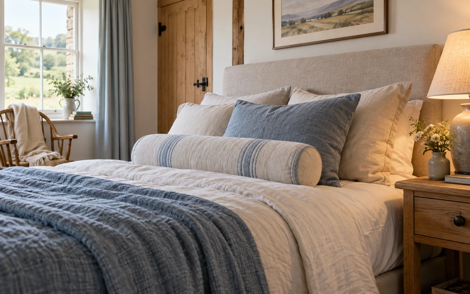 A complete fabric-covered bed with softly rumpled bedding, textured pillows, and practical furniture in a calm bedroom.