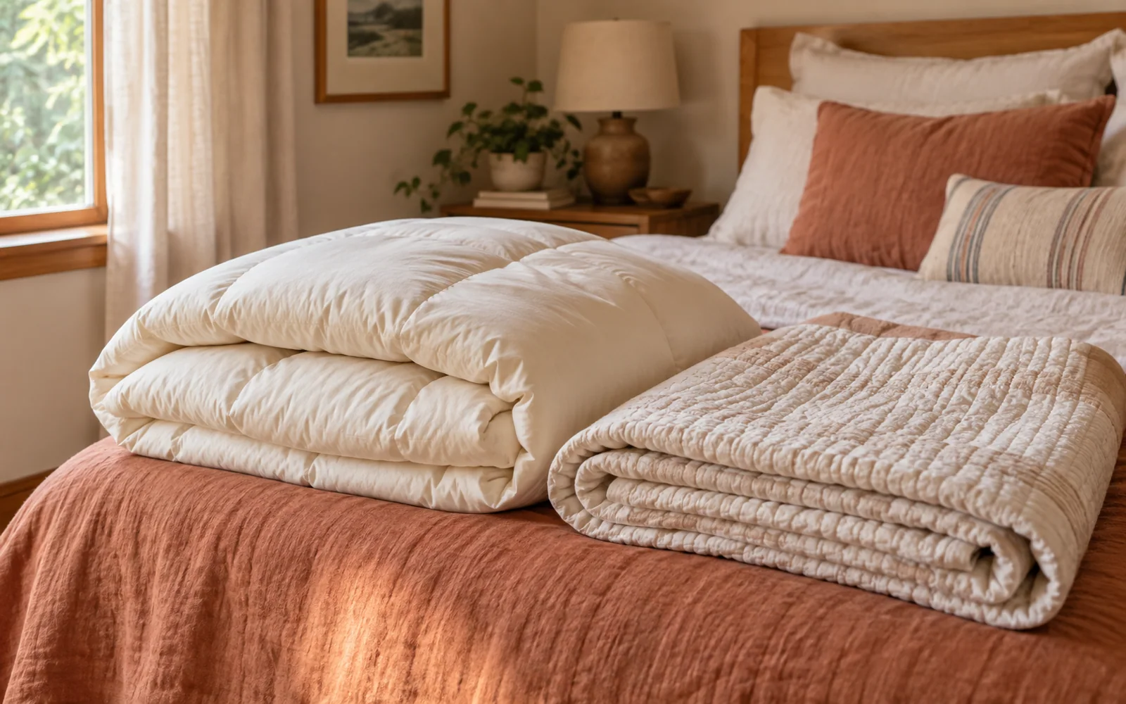 Folded cream bedding and a lighter quilt on the foot of a bed, with soft pillows and natural window light.