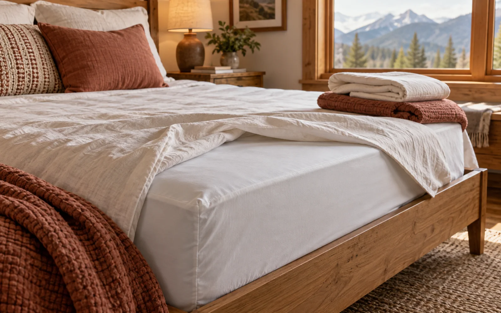 A sheet corner turned back over a fabric-covered mattress surface, with folded spare bedding nearby.