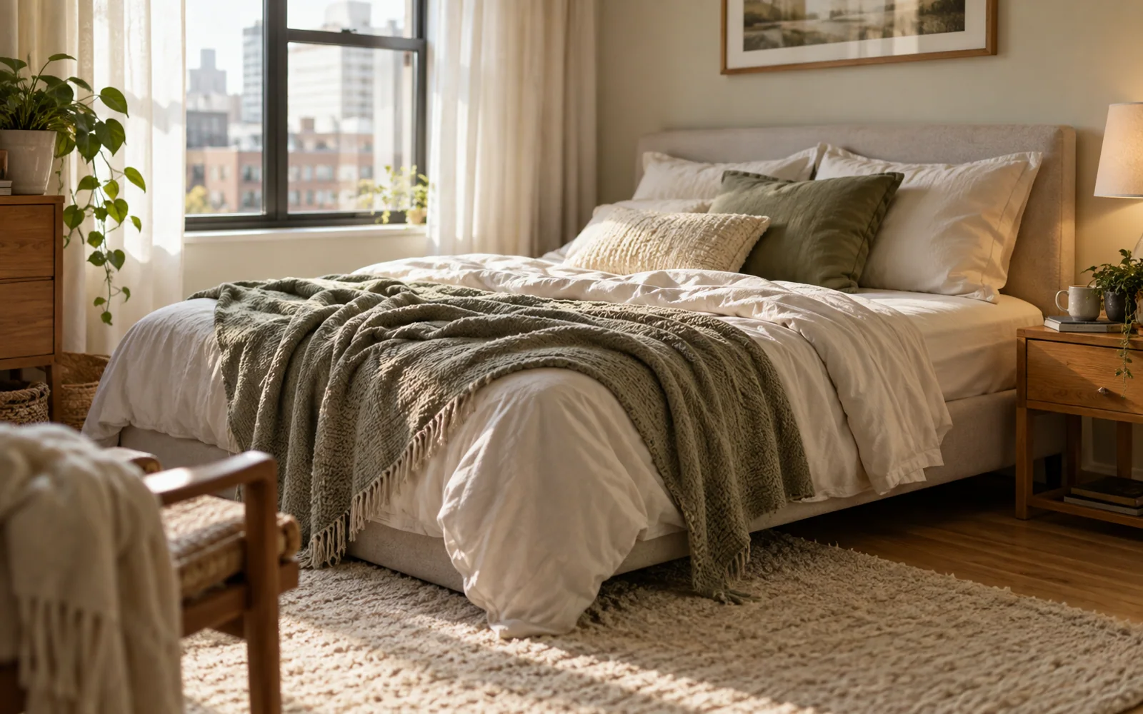 A complete fabric-covered bed with softly rumpled bedding, textured pillows, and practical furniture in a calm bedroom.