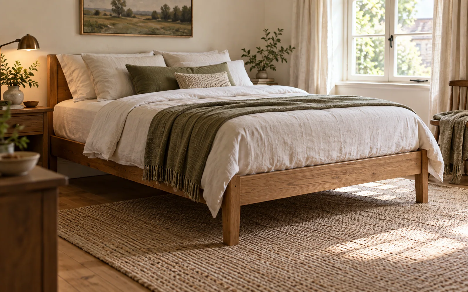 A complete fabric-covered bed with softly rumpled bedding, textured pillows, and practical furniture in a calm bedroom.