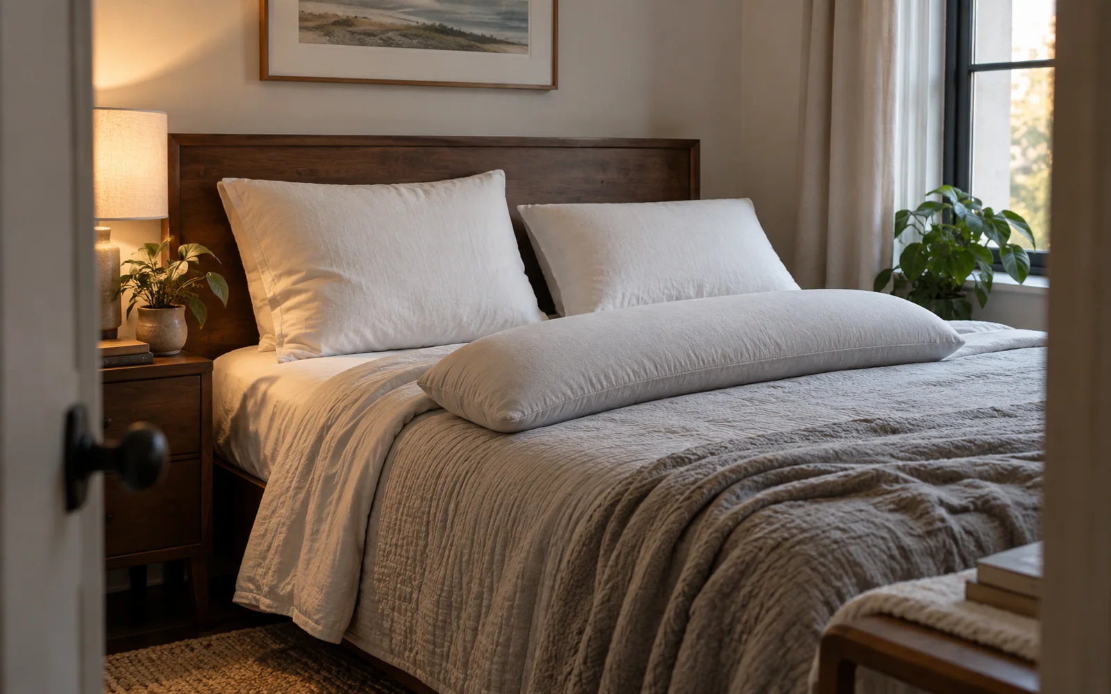 Fabric-covered sleeping pillows with different shapes and lofts arranged on a softly made bed.