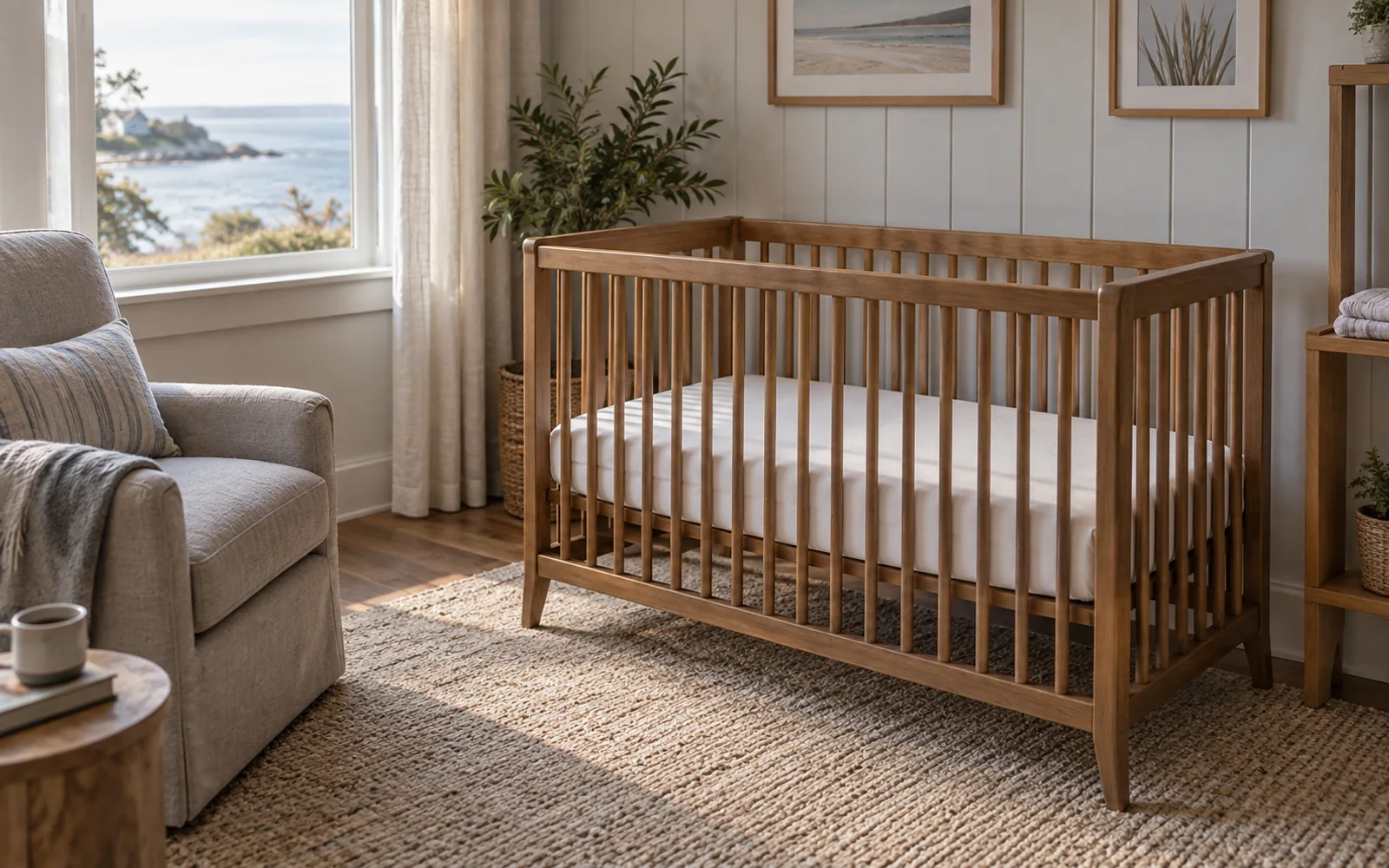 An empty wooden crib with a flat fitted sleep surface beside a reading chair in a softly lit nursery.