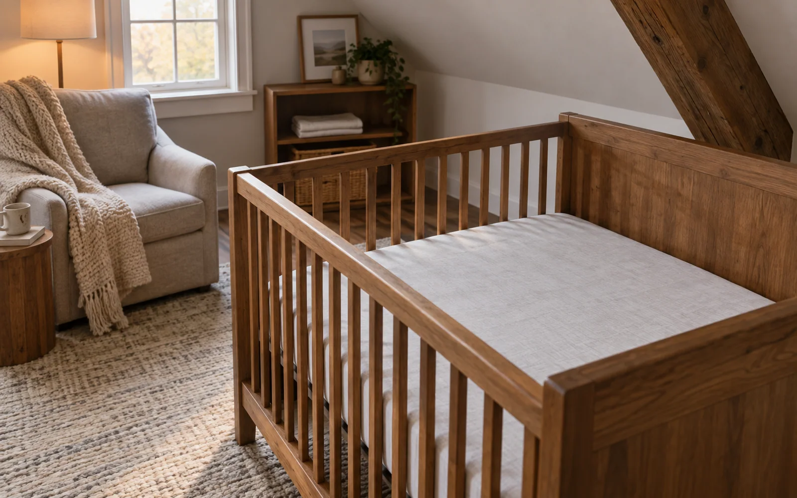 An empty wooden crib with a flat fitted sleep surface beside a reading chair in a softly lit nursery.
