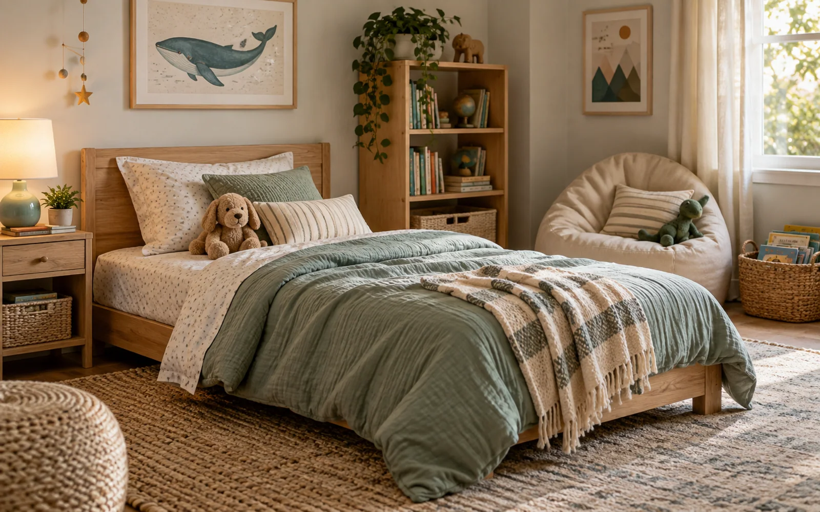 A small bed with cotton bedding, nearby books, and soft bedroom textiles in an inviting child's room.