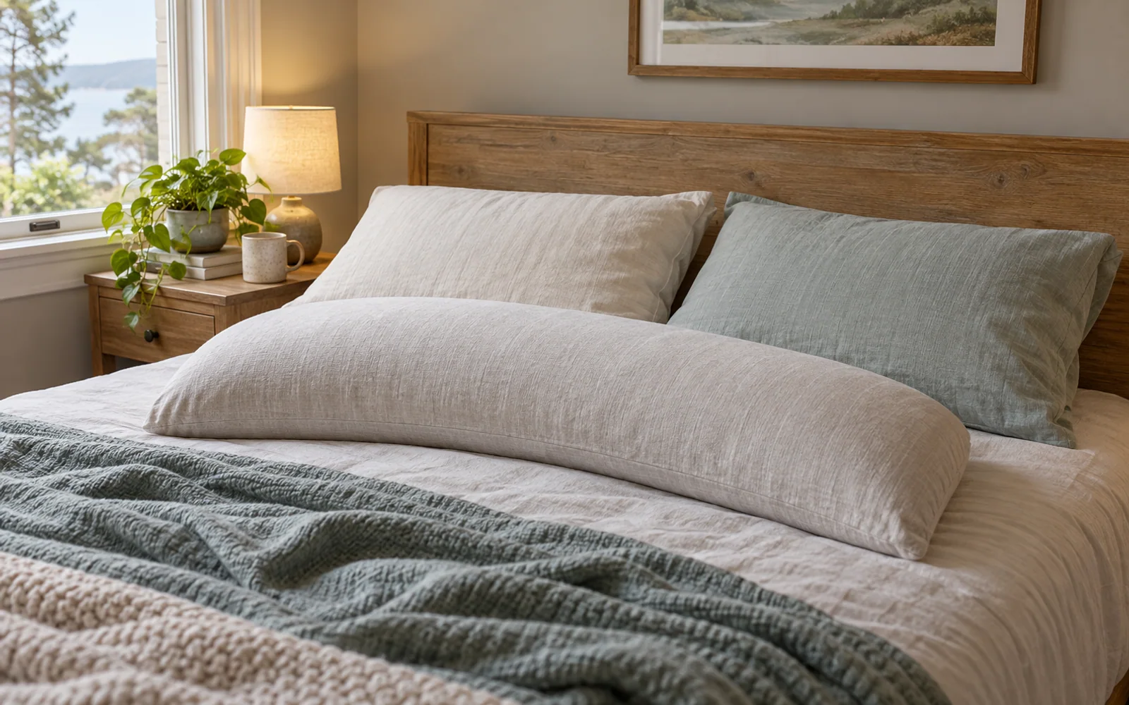 Fabric-covered sleeping pillows with different shapes and lofts arranged on a softly made bed.