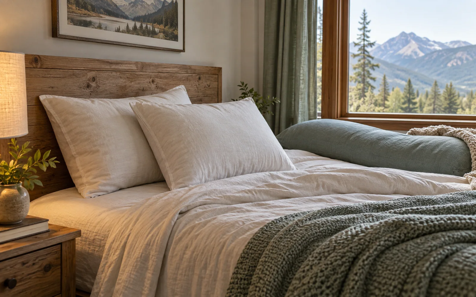 Fabric-covered sleeping pillows with different shapes and lofts arranged on a softly made bed.
