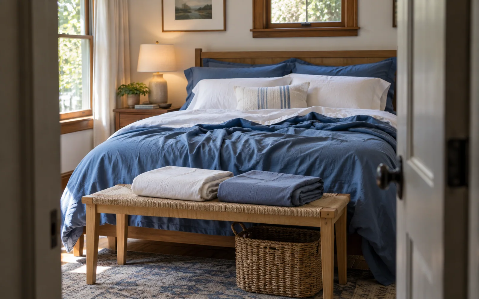 Naturally rumpled sheets and folded pillowcases on a softly made bed with a wooden bench nearby.