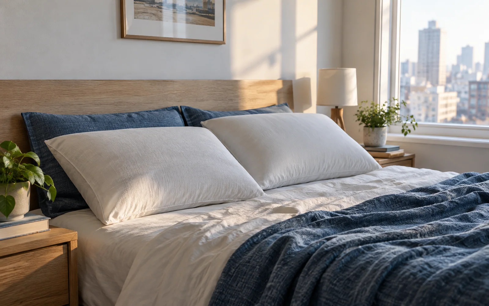 Fabric-covered sleeping pillows with different shapes and lofts arranged on a softly made bed.