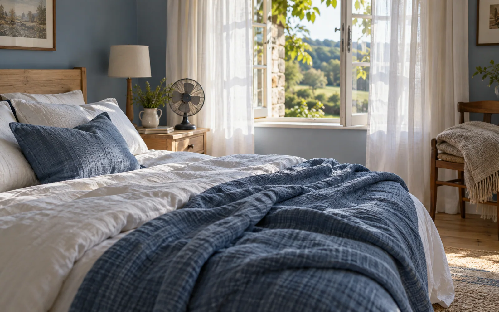 Lightweight bedding in an airy bedroom, with sheer curtains and a small fan near the window.