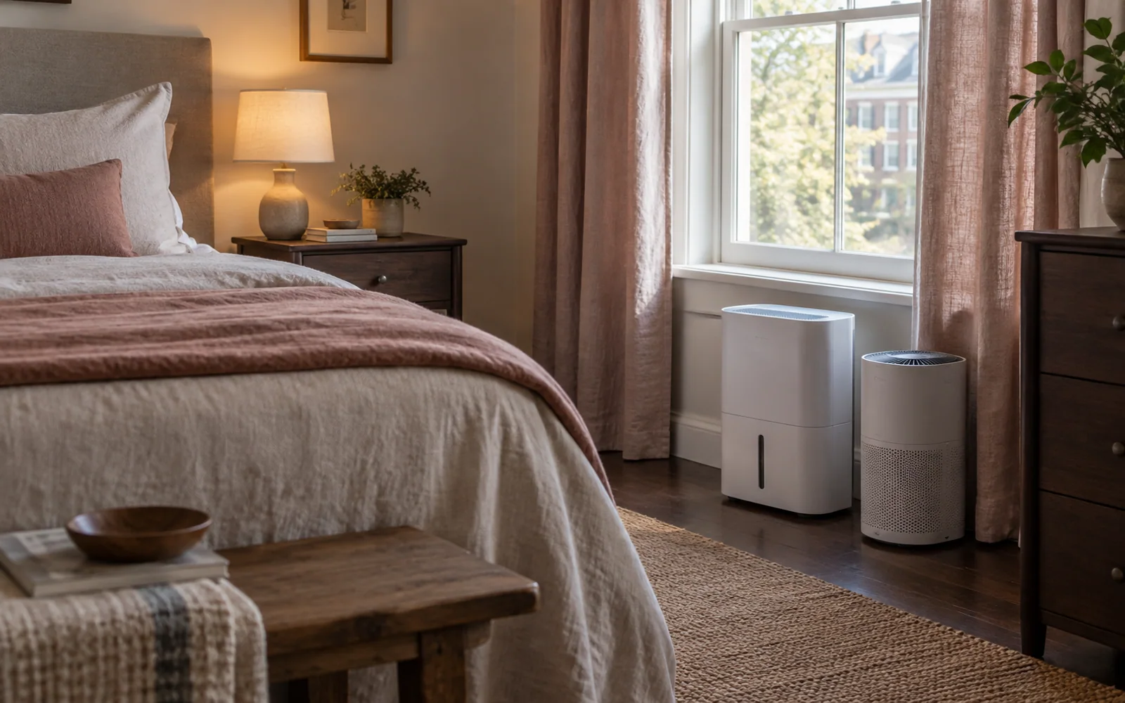 A compact humidifier and air purifier near a bedroom window, with soft bedding and curtains nearby.