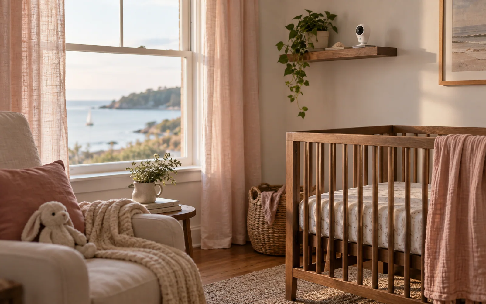 An empty wooden crib with a flat fitted sleep surface beside a reading chair in a softly lit nursery.