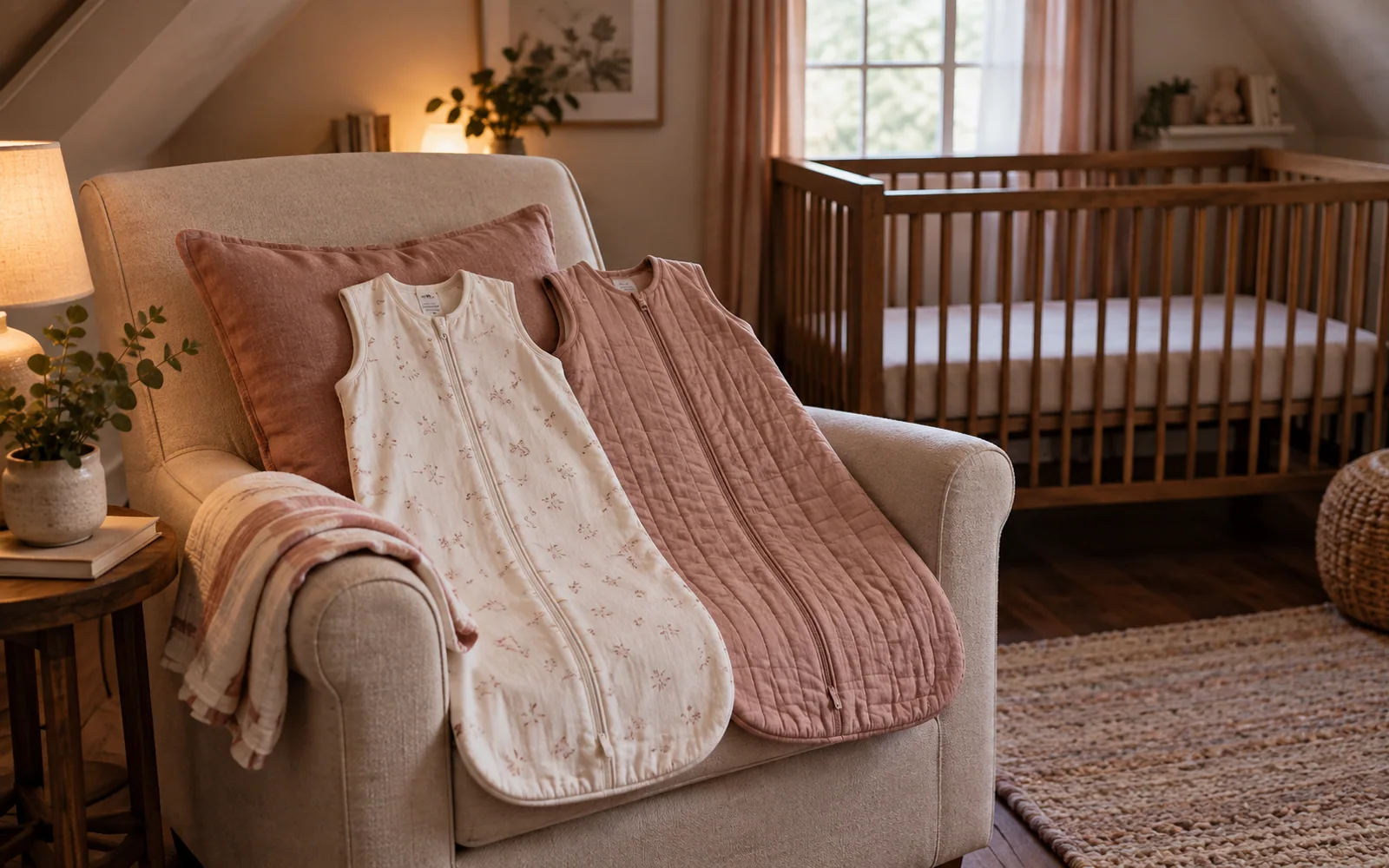 Softly folded nursery textiles draped over a reading chair beside an empty wooden crib in a calm room.