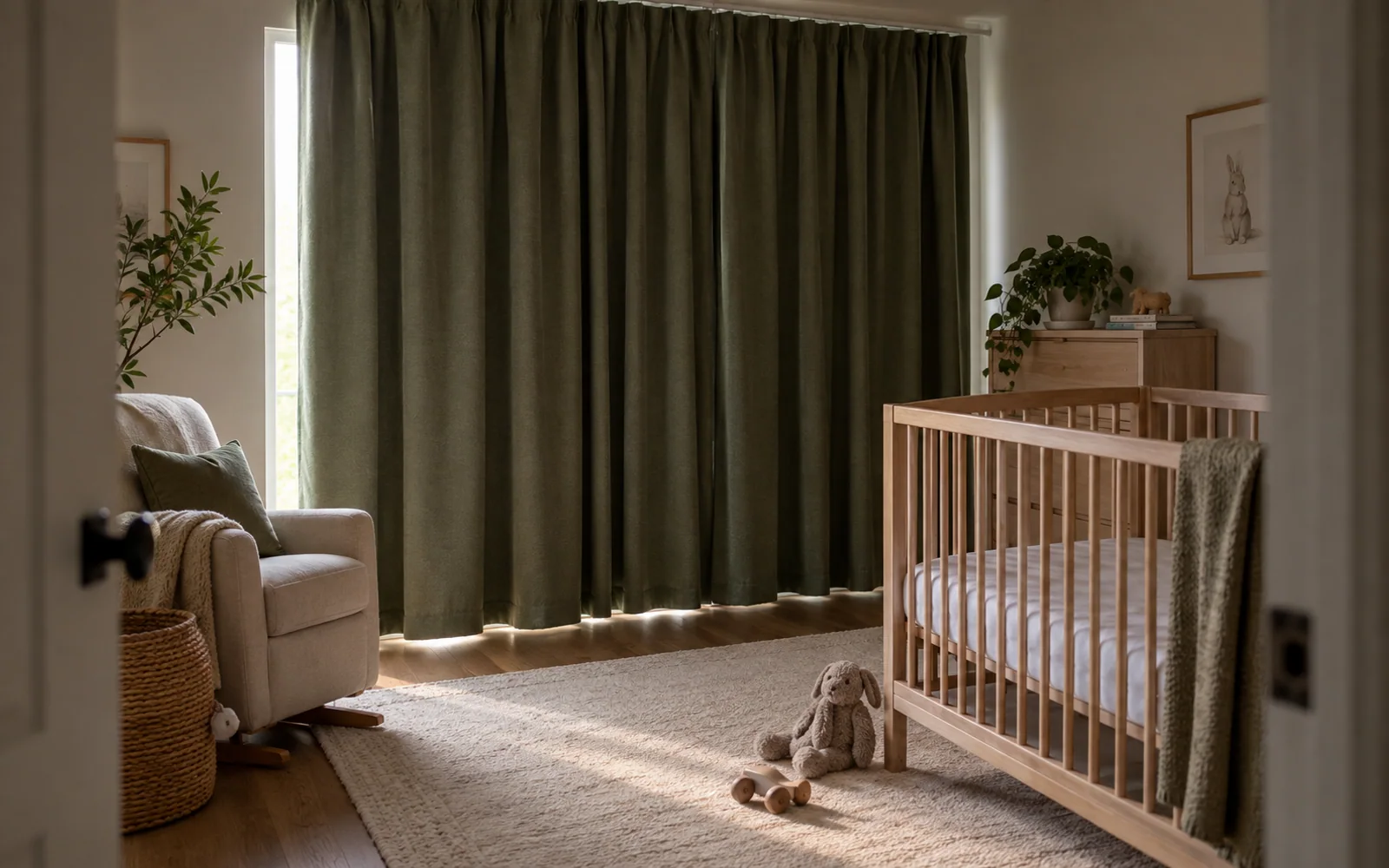 An empty wooden crib with a flat fitted sleep surface beside a reading chair in a softly lit nursery.
