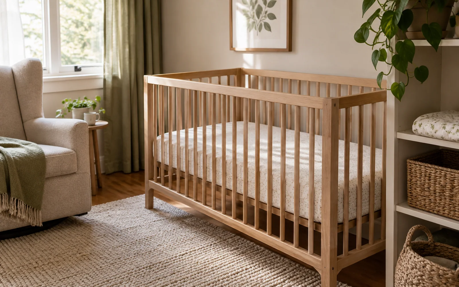An empty wooden crib with a flat fitted sleep surface beside a reading chair in a softly lit nursery.