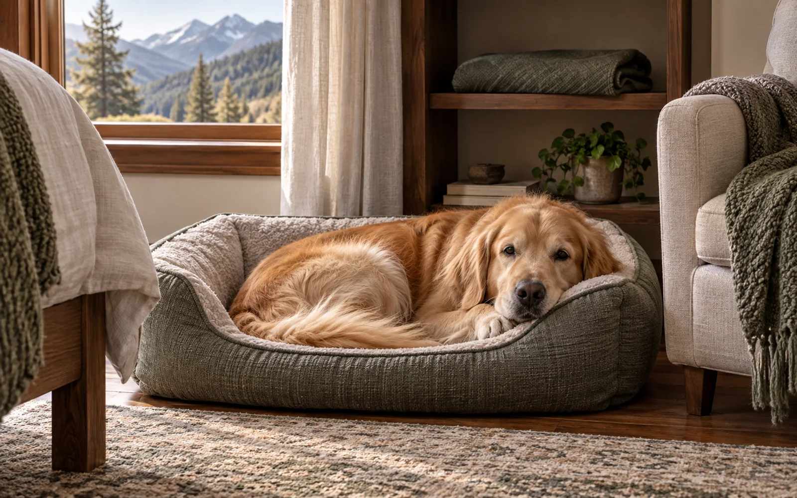 A golden retriever curled in a fabric bolster dog bed beside an armchair in a softly lit bedroom.