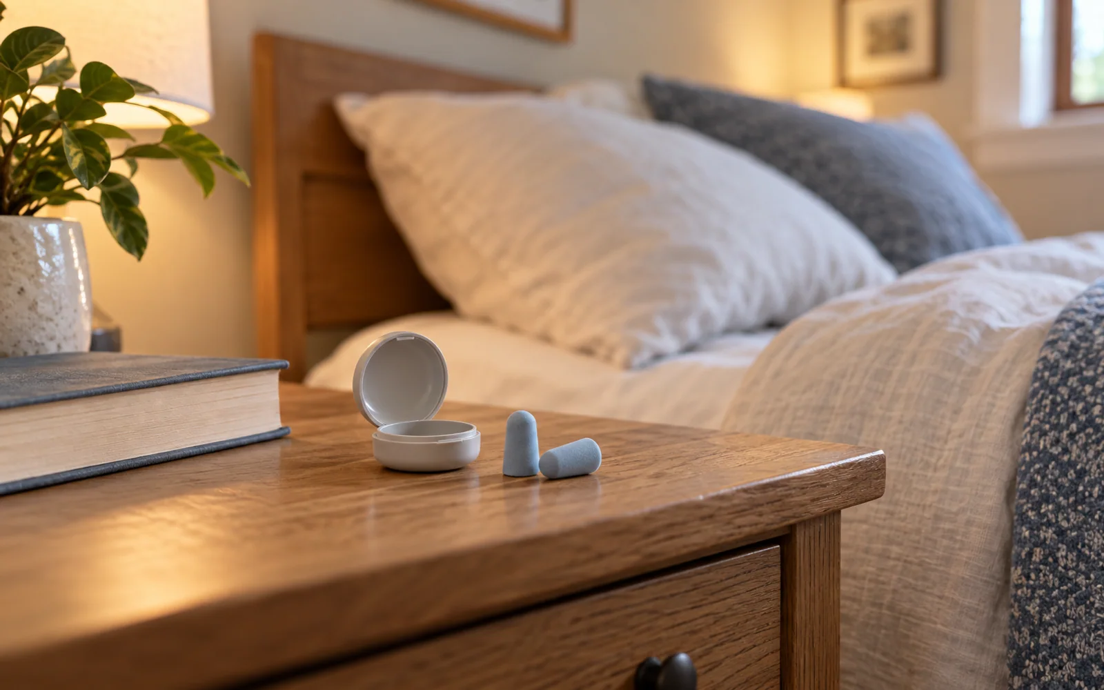Small soft earplugs and an open case on a wooden bedside table beside a book and softly folded bedding.