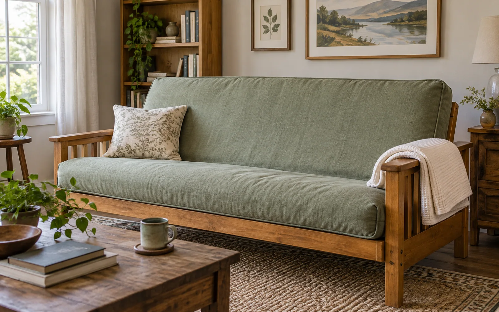 A wood-frame futon sofa with a woven green cover, a folded spare cover, and cushions in an inviting sitting room.