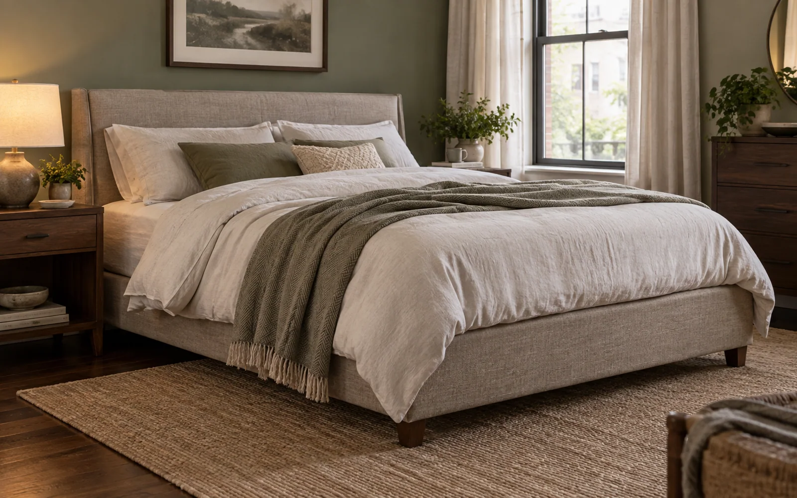 A complete fabric-covered bed with softly rumpled bedding, textured pillows, and practical furniture in a calm bedroom.
