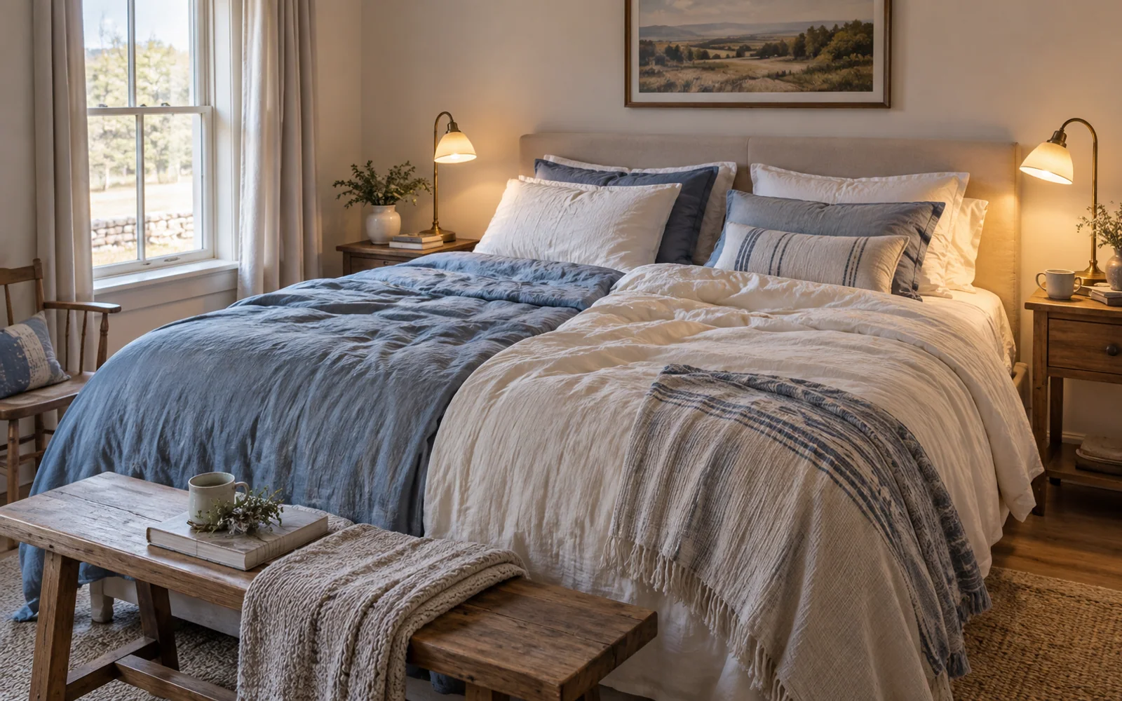 A complete fabric-covered bed with softly rumpled bedding, textured pillows, and practical furniture in a calm bedroom.