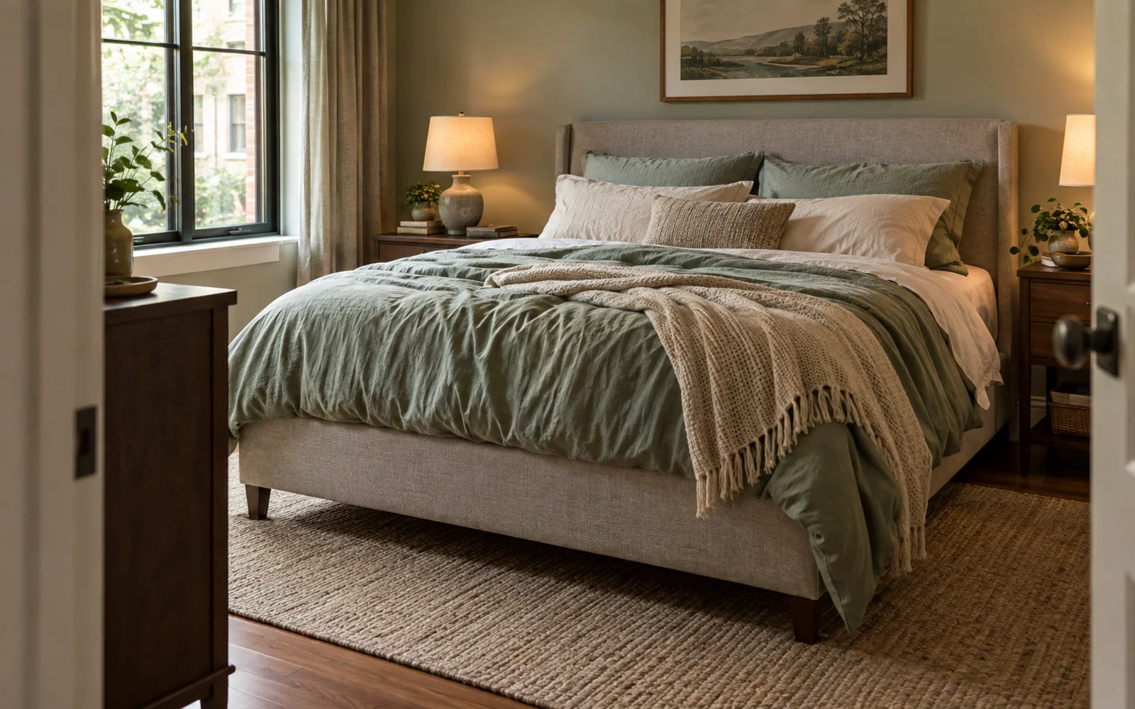 A complete fabric-covered bed with softly rumpled bedding, textured pillows, and practical furniture in a calm bedroom.