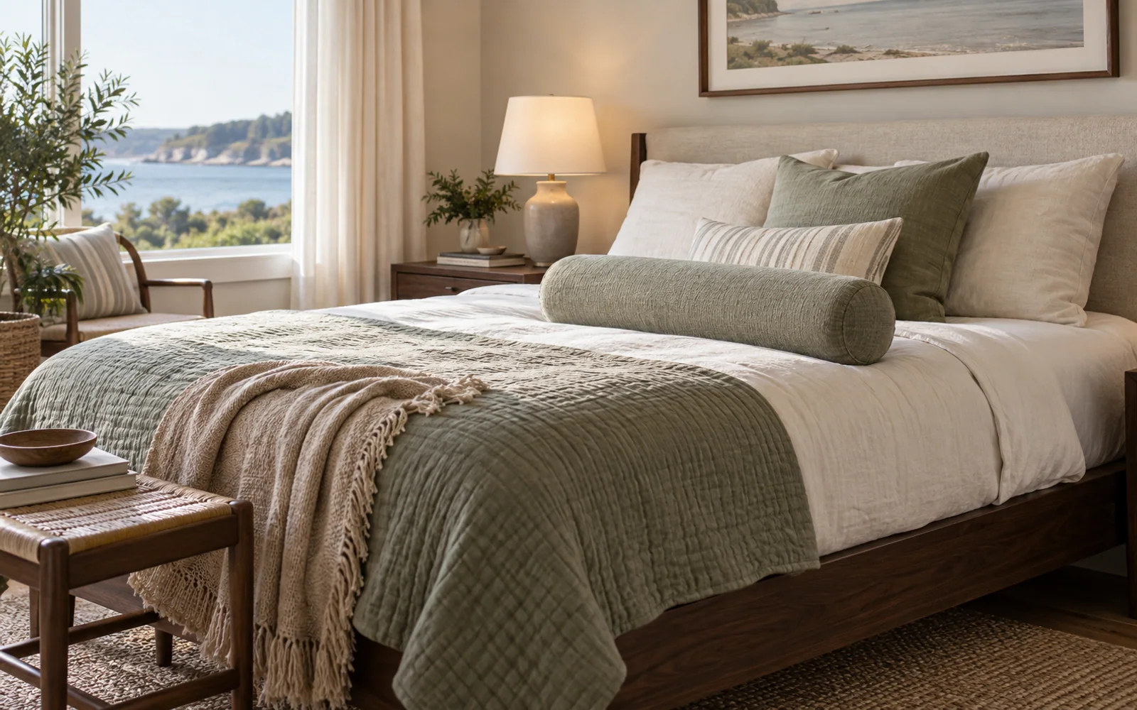 A complete fabric-covered bed with softly rumpled bedding, textured pillows, and practical furniture in a calm bedroom.