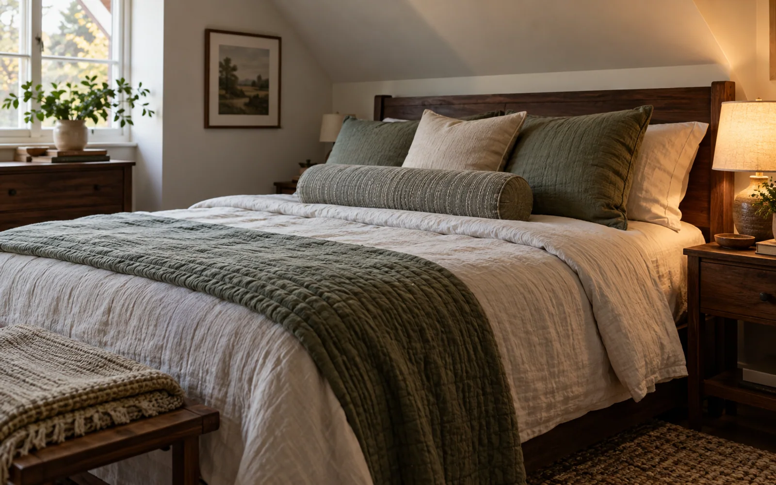 A complete fabric-covered bed with softly rumpled bedding, textured pillows, and practical furniture in a calm bedroom.