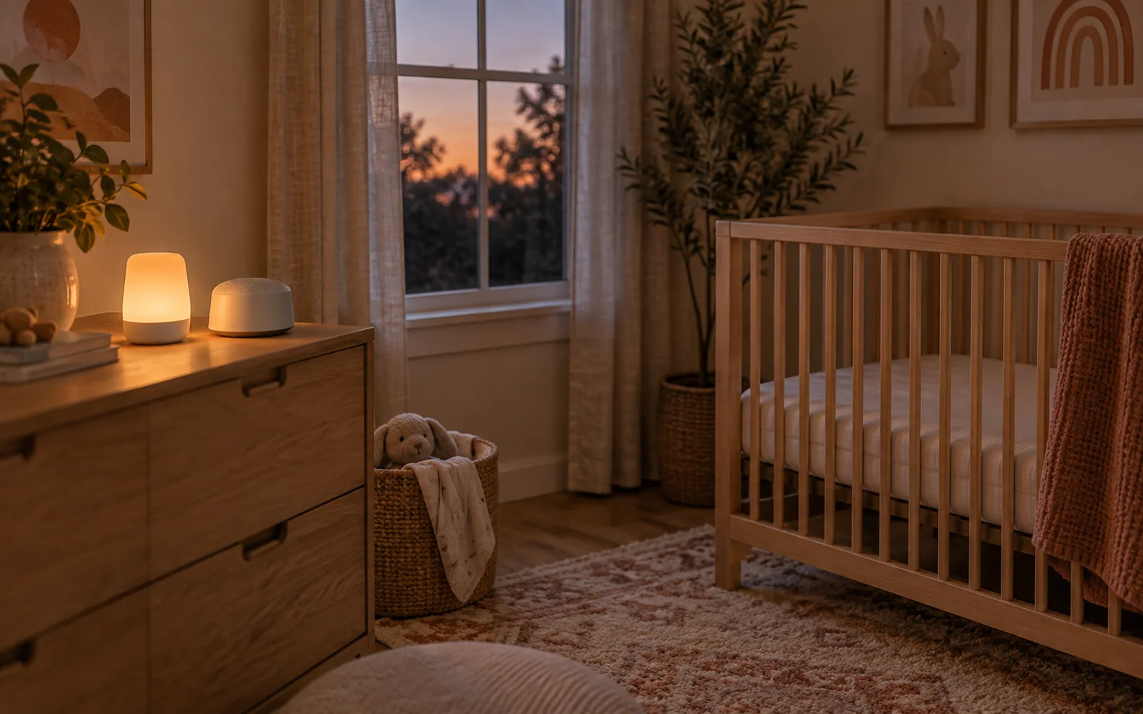 An empty wooden crib with a flat fitted sleep surface beside a reading chair in a softly lit nursery.