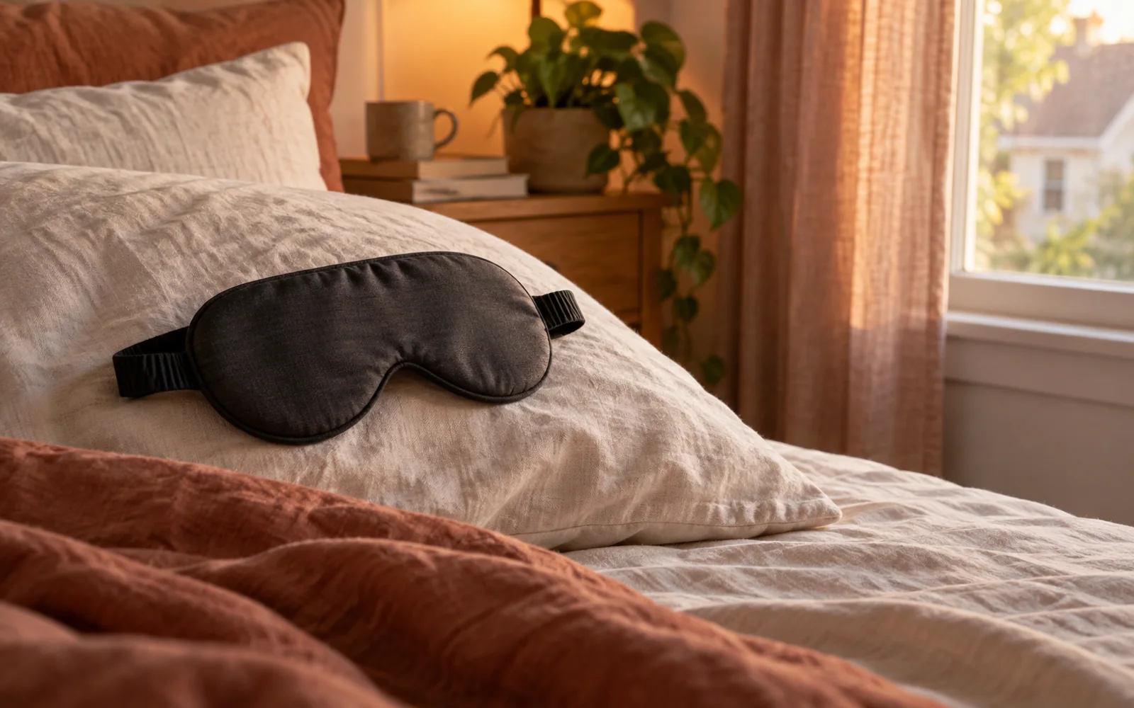 A cloth sleep mask resting on a naturally rumpled pillow in a softly lit bedroom.