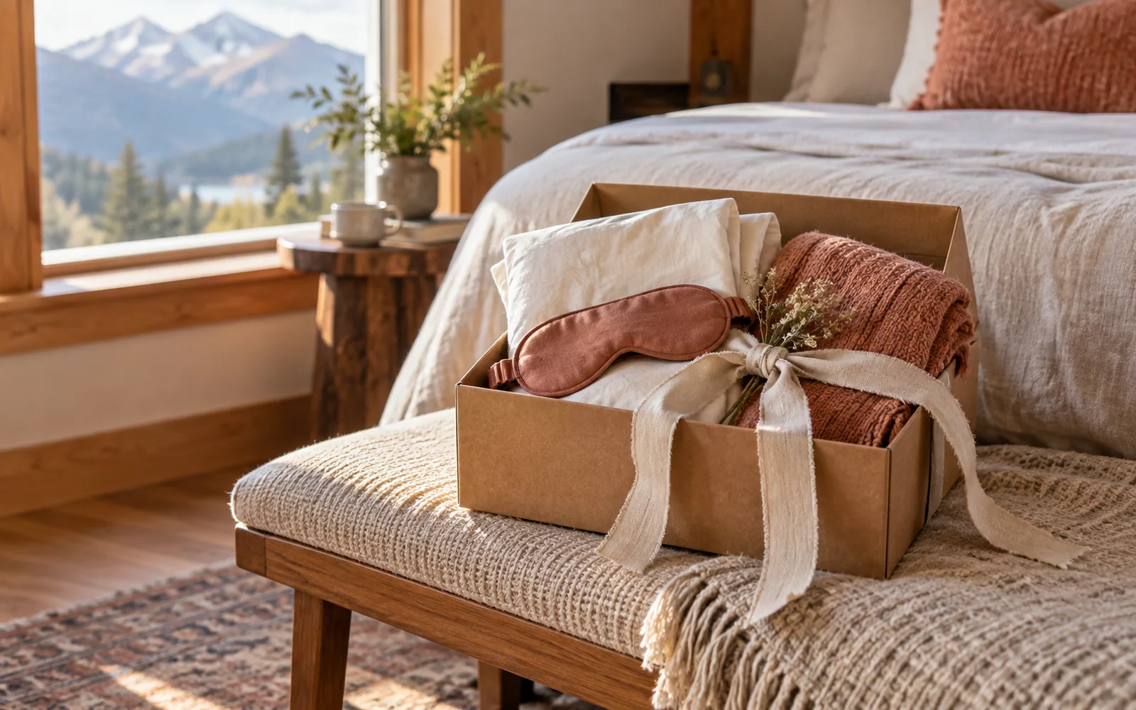 A cloth sleep mask and folded soft bedding gathered in a kraft gift box on a bedroom bench.
