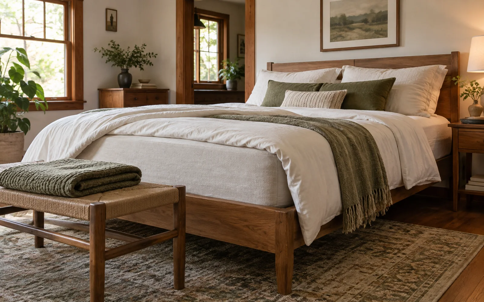 A complete fabric-covered bed with softly rumpled bedding, textured pillows, and practical furniture in a calm bedroom.