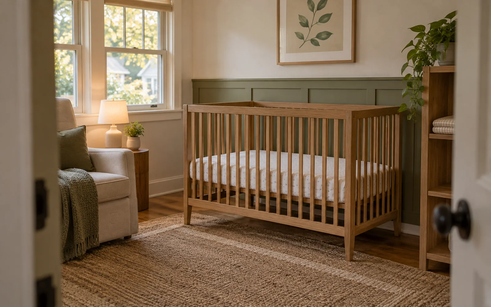 An empty wooden crib with a flat fitted sleep surface beside a reading chair in a softly lit nursery.