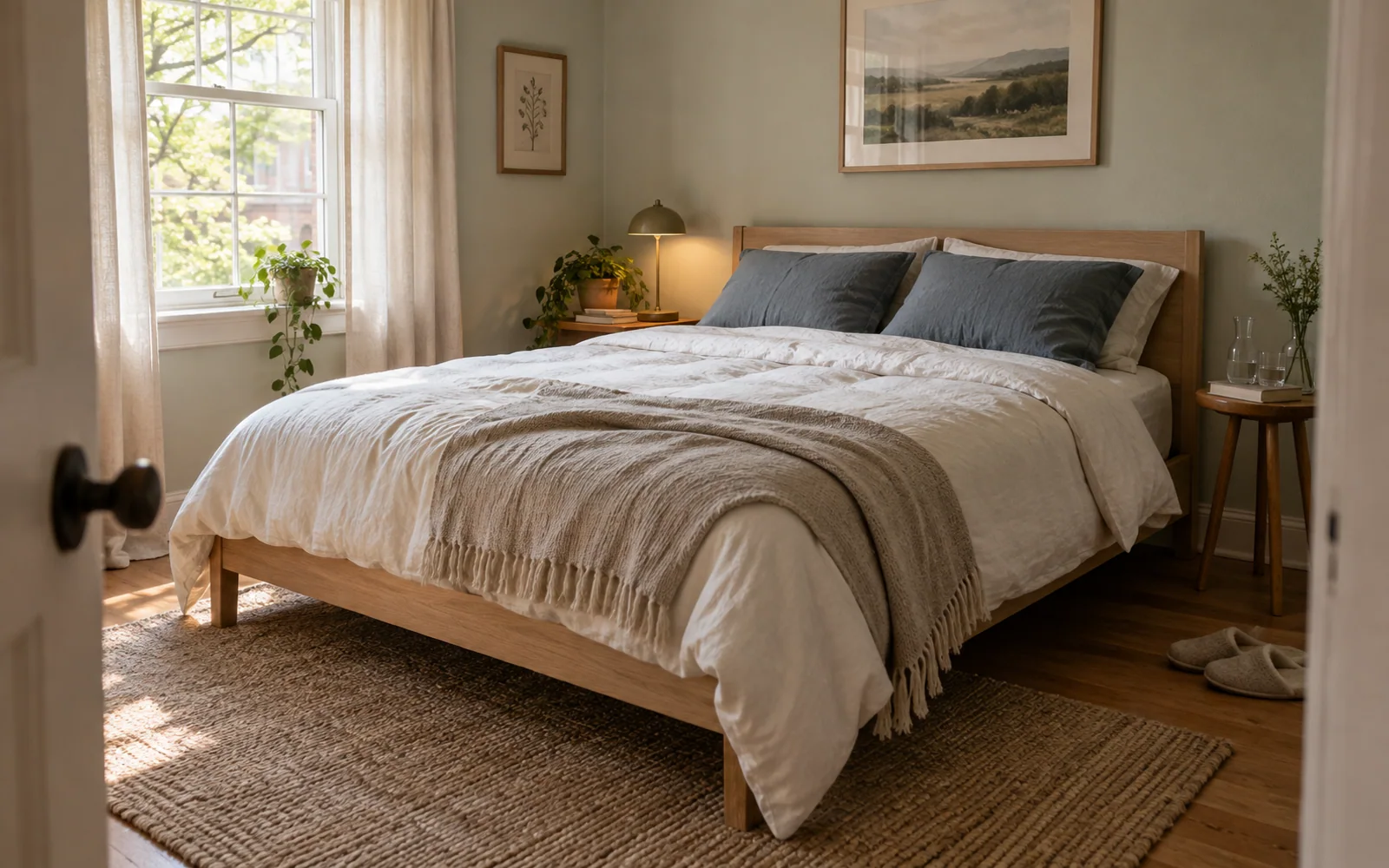 A complete fabric-covered bed with softly rumpled bedding, textured pillows, and practical furniture in a calm bedroom.