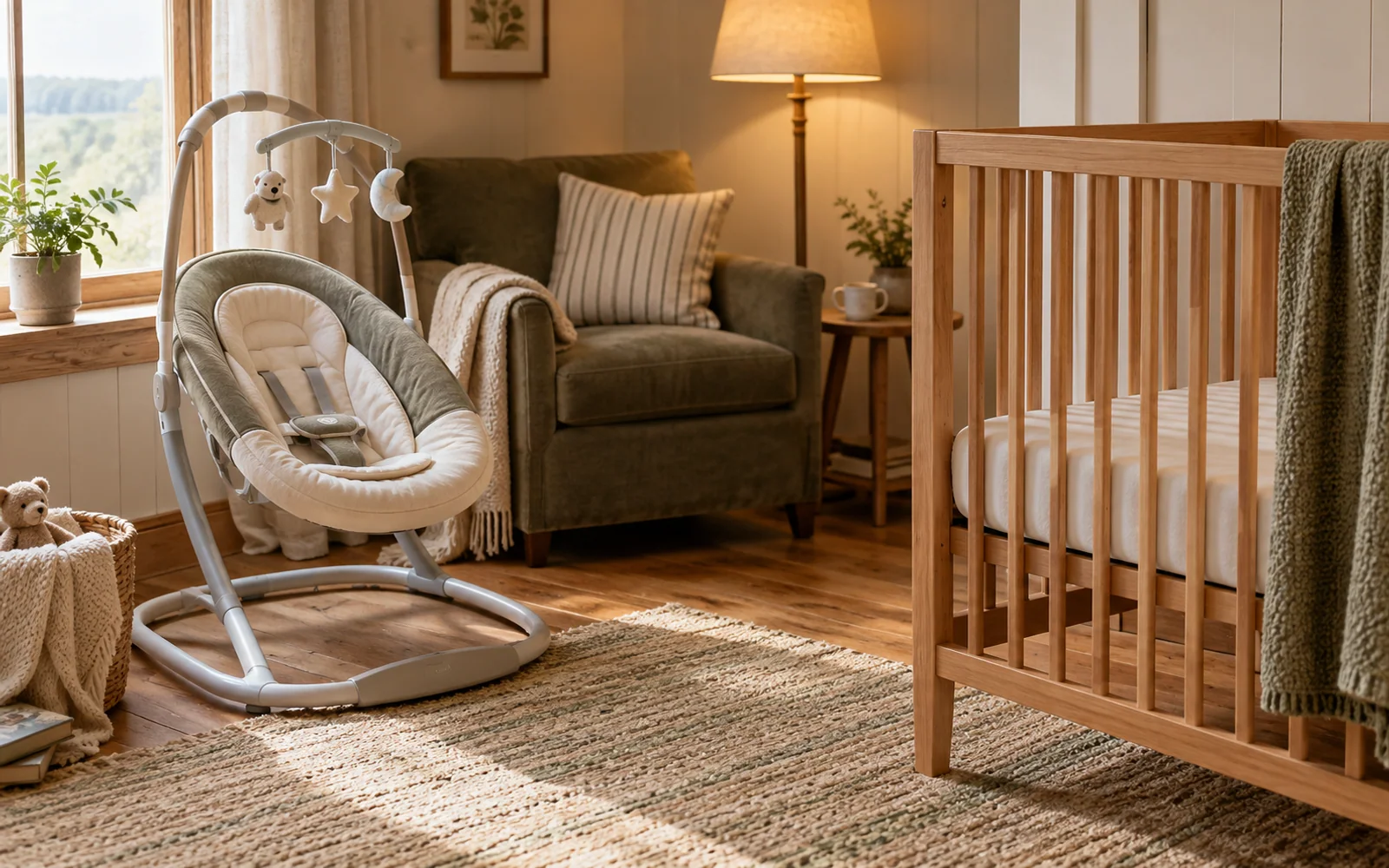 An empty infant swing beside a reading chair and wooden crib in a softly lit nursery.