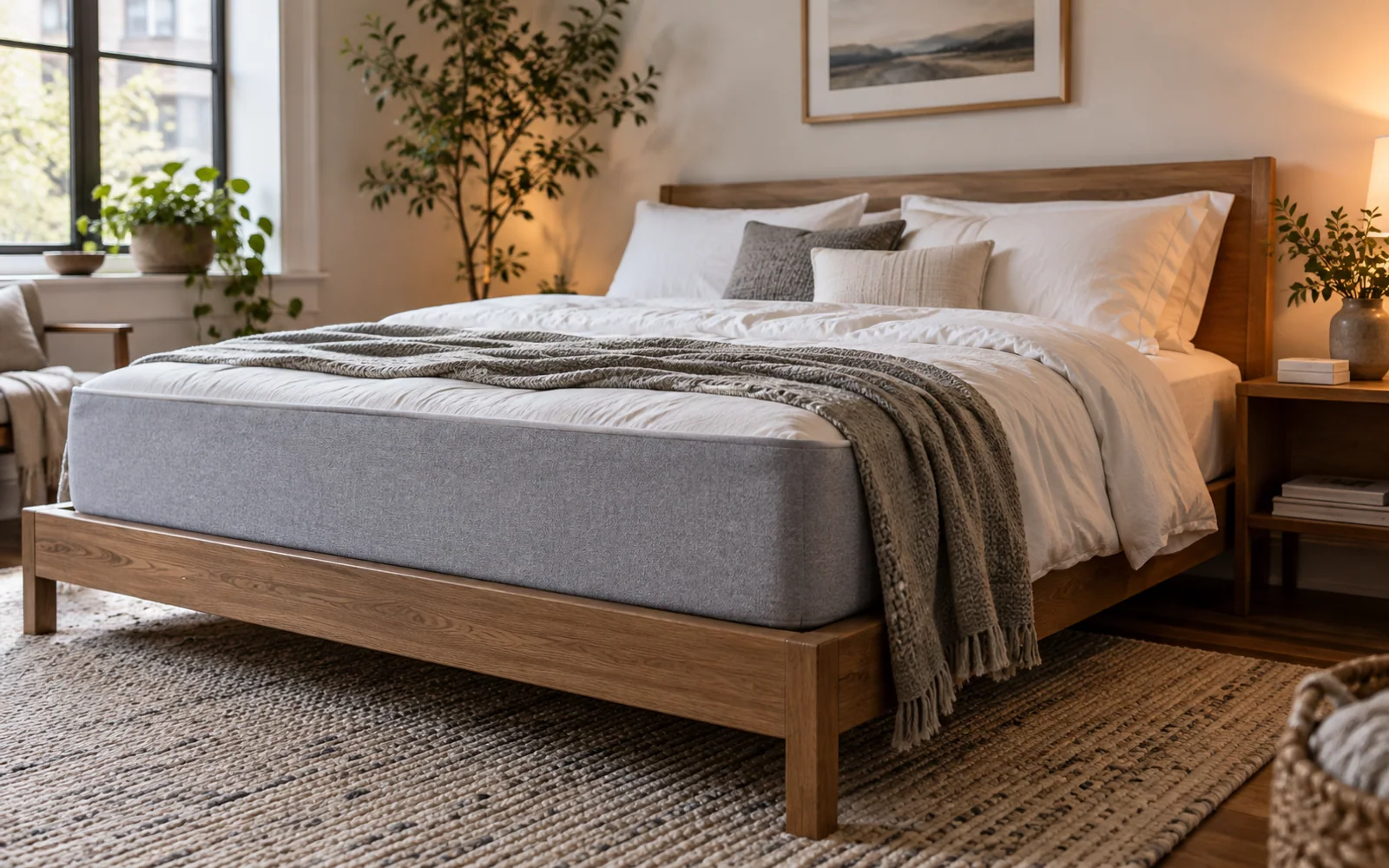 A complete fabric-covered bed dressed in softly textured bedding, with a folded throw and warm wooden furniture nearby.