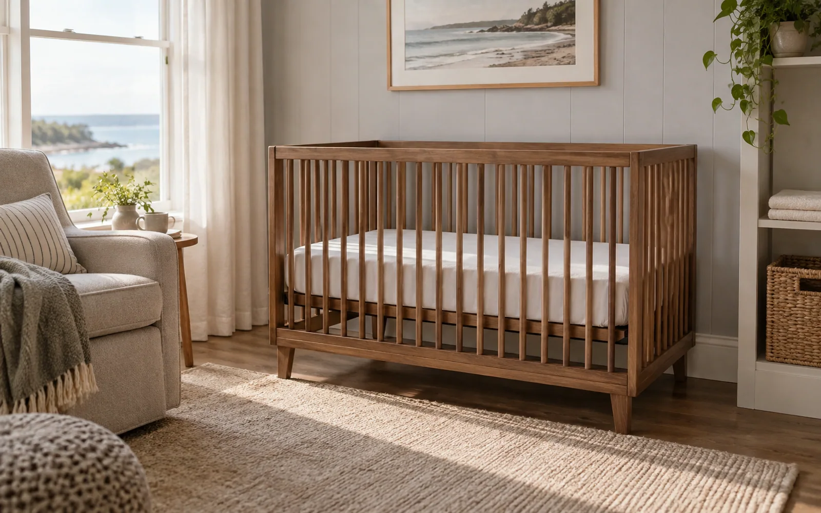 An empty wooden crib with a flat fitted sleep surface beside a reading chair in a softly lit nursery.