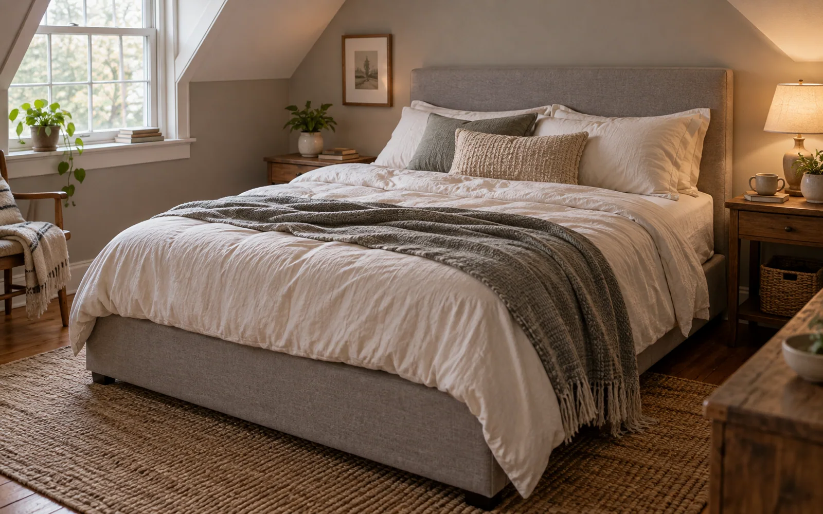 A complete fabric-covered bed with softly rumpled bedding, textured pillows, and practical furniture in a calm bedroom.
