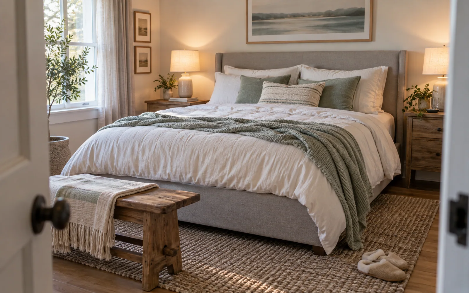 A complete fabric-covered bed with softly rumpled bedding, textured pillows, and practical furniture in a calm bedroom.