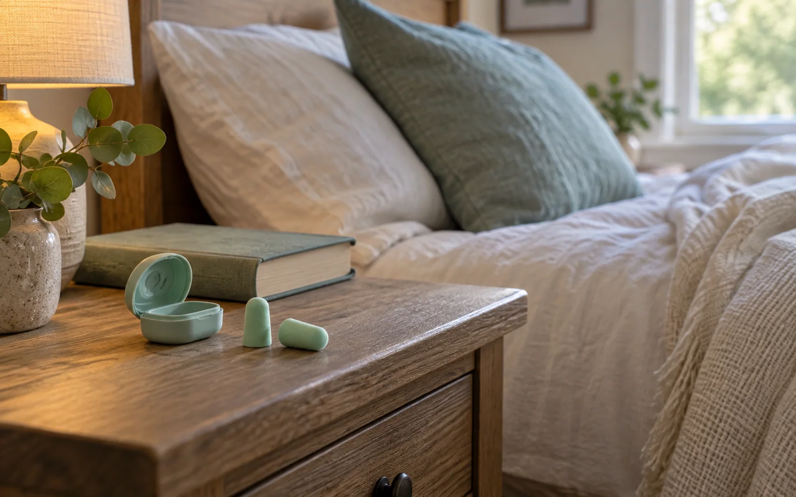 Small soft earplugs and an open case on a wooden bedside table beside a book and softly folded bedding.