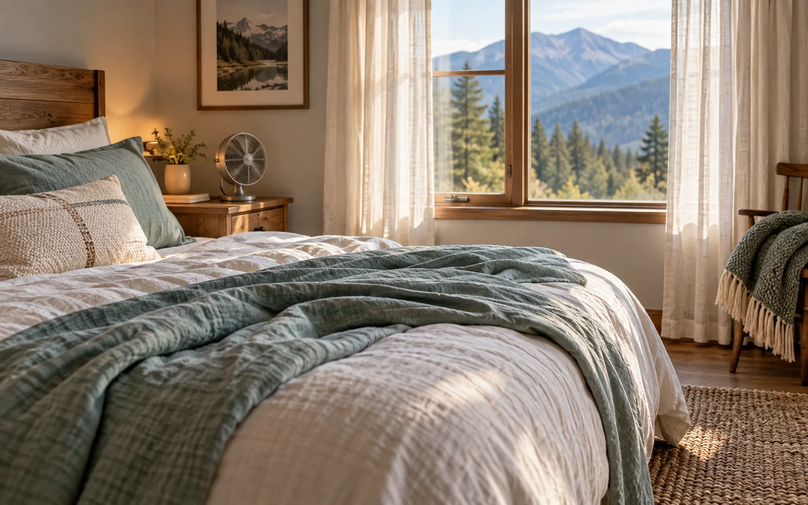 Lightweight bedding in an airy bedroom, with sheer curtains and a small fan near the window.
