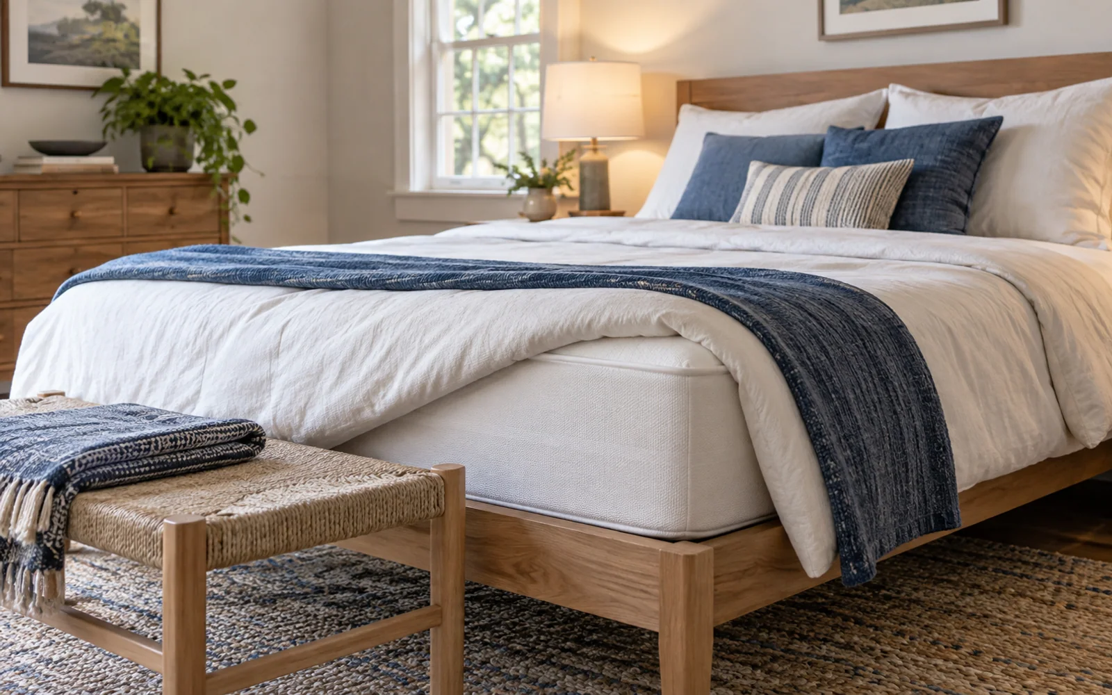 A complete fabric-covered bed with softly rumpled bedding, textured pillows, and practical furniture in a calm bedroom.
