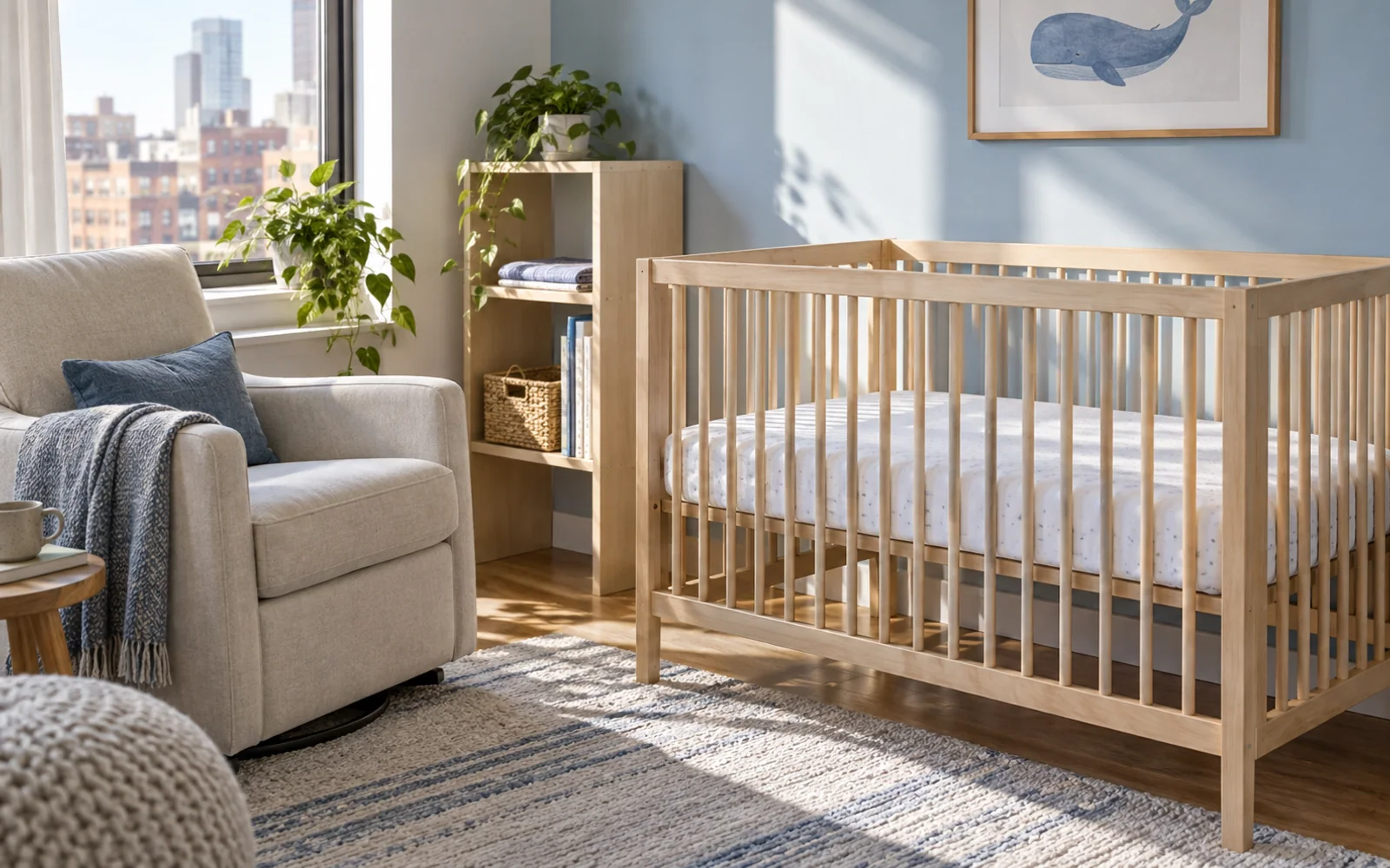 An empty wooden crib with a flat fitted sleep surface beside a reading chair in a softly lit nursery.
