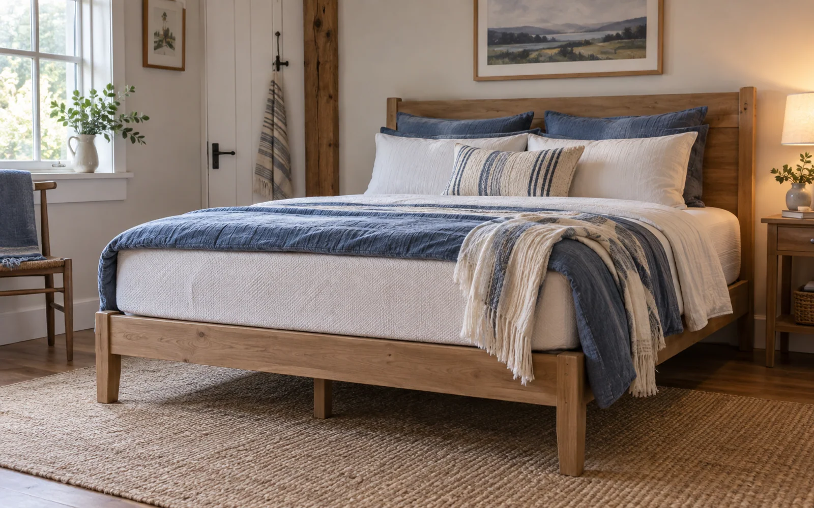 A complete fabric-covered bed with softly rumpled bedding, textured pillows, and practical furniture in a calm bedroom.