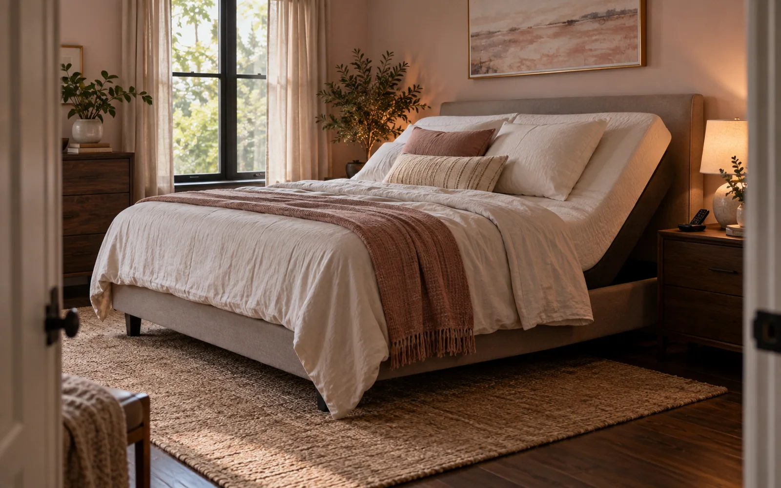 A fabric-covered adjustable bed gently raised at the head, dressed in cotton bedding in a calm bedroom.