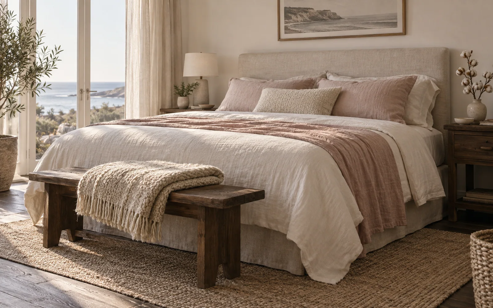 A complete fabric-covered bed dressed in softly textured bedding, with a folded throw and warm wooden furniture nearby.