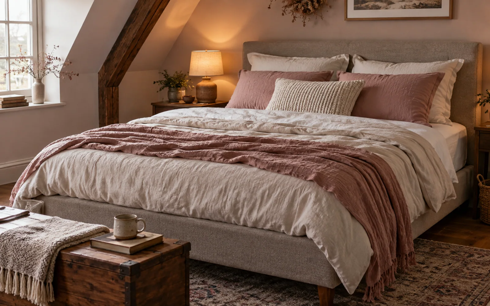 A complete fabric-covered bed with softly rumpled bedding, textured pillows, and practical furniture in a calm bedroom.