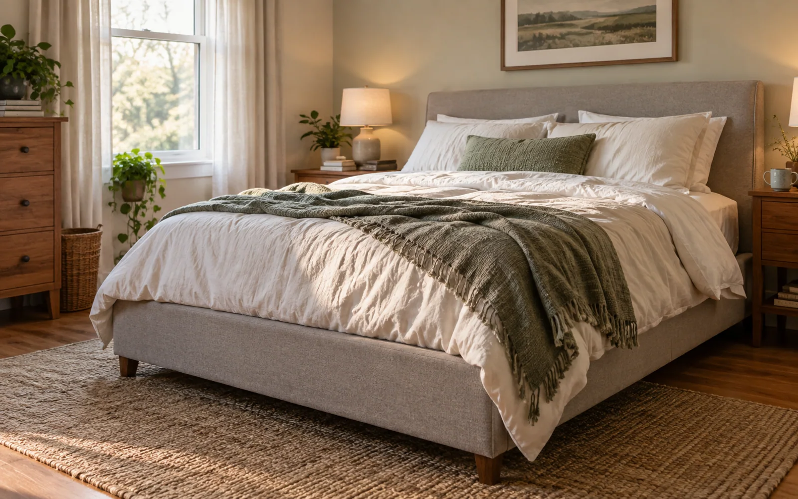 A complete fabric-covered bed with softly rumpled bedding, textured pillows, and practical furniture in a calm bedroom.