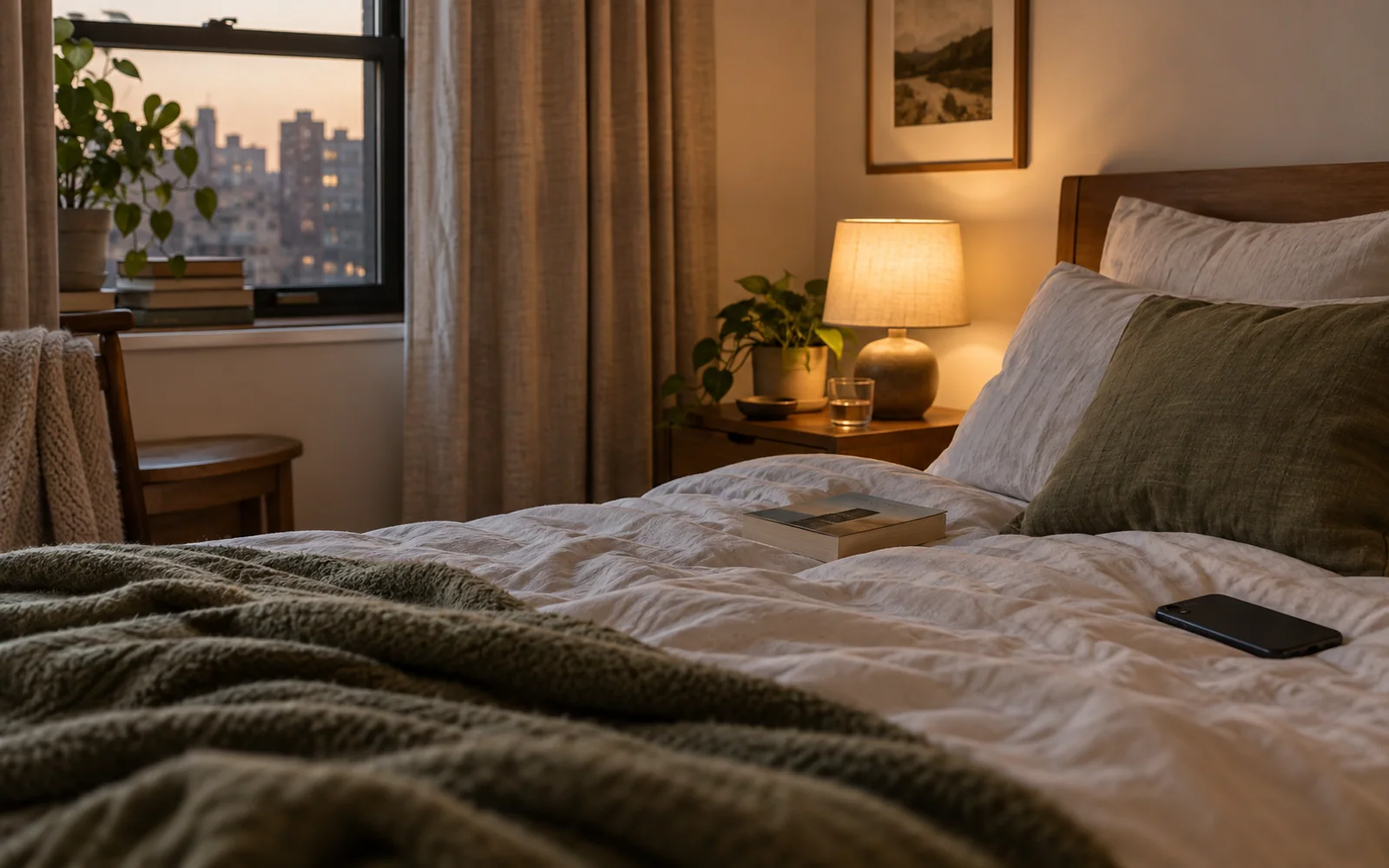A softly made bed with a warm bedside lamp and a closed book in a quiet evening bedroom.