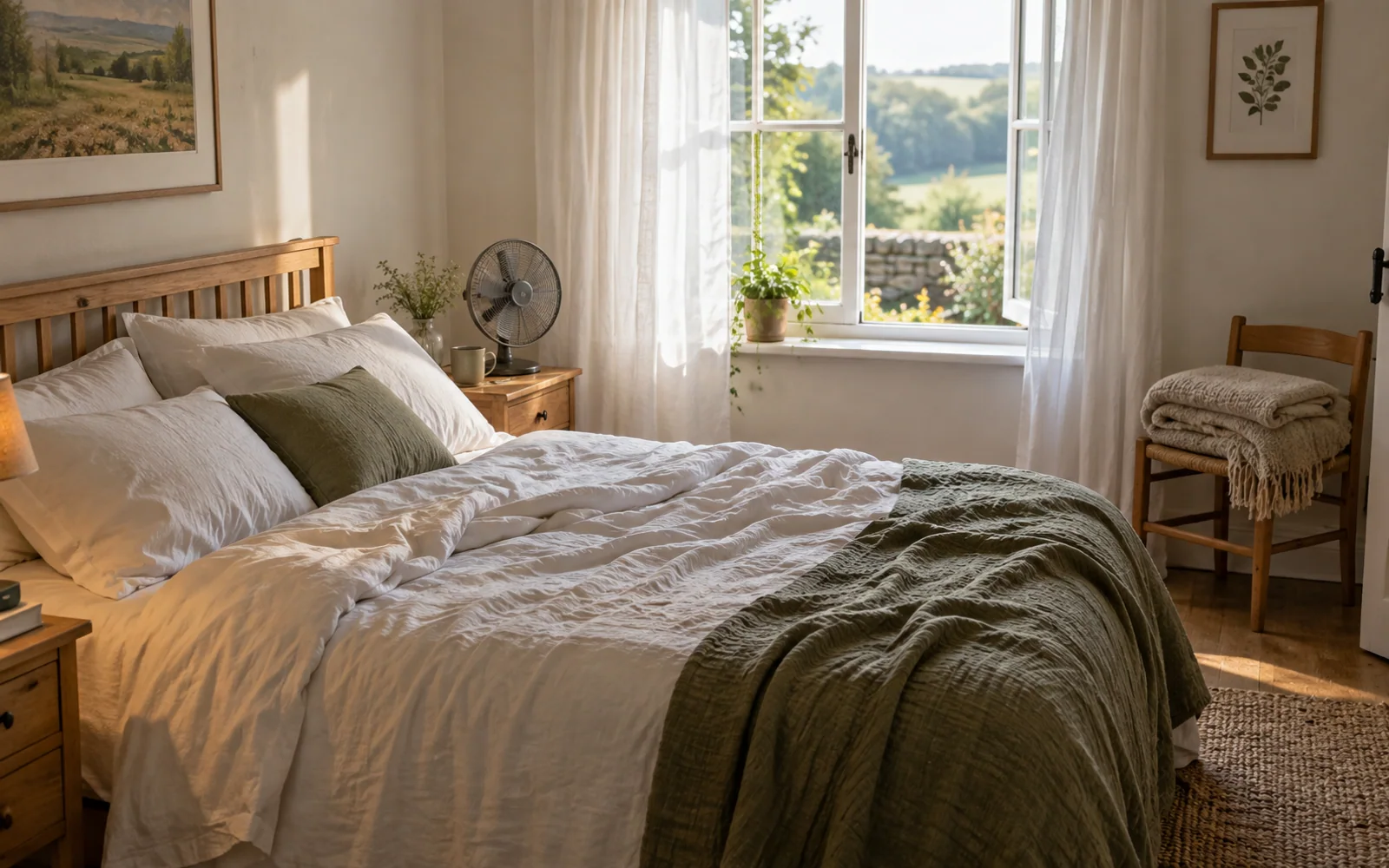 Lightweight bedding in an airy bedroom, with sheer curtains and a small fan near the window.