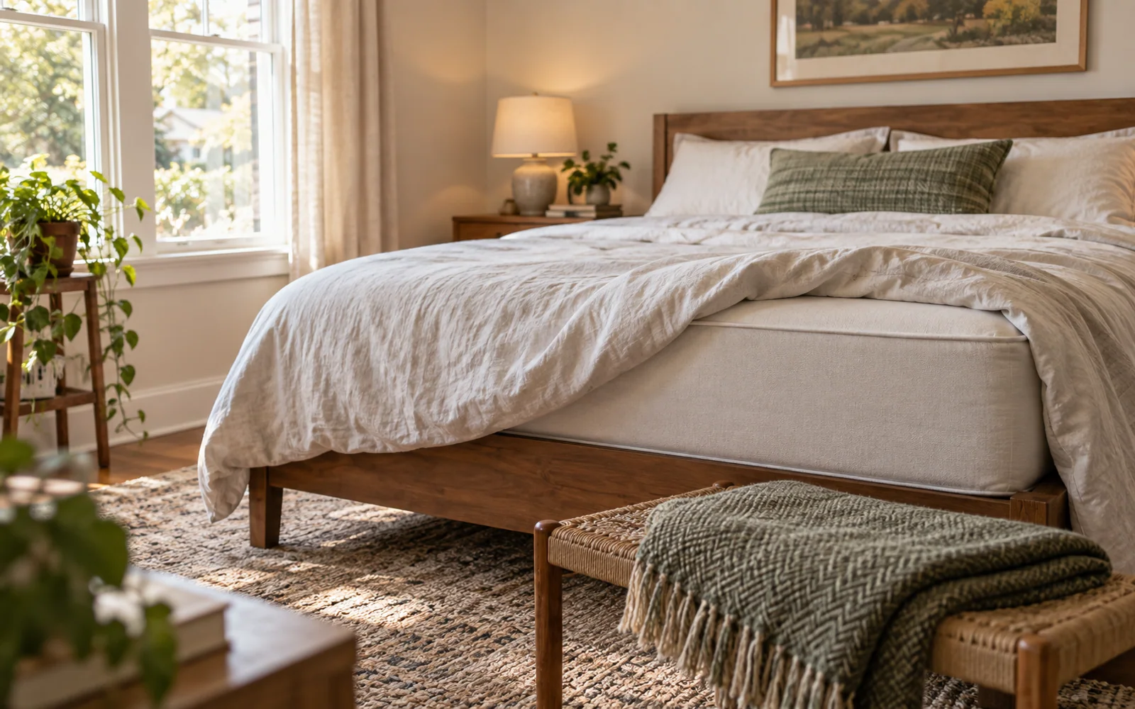 A complete fabric-covered bed with softly rumpled bedding, textured pillows, and practical furniture in a calm bedroom.